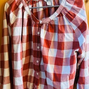 Orange  and White Checkered Button-Up Blouse